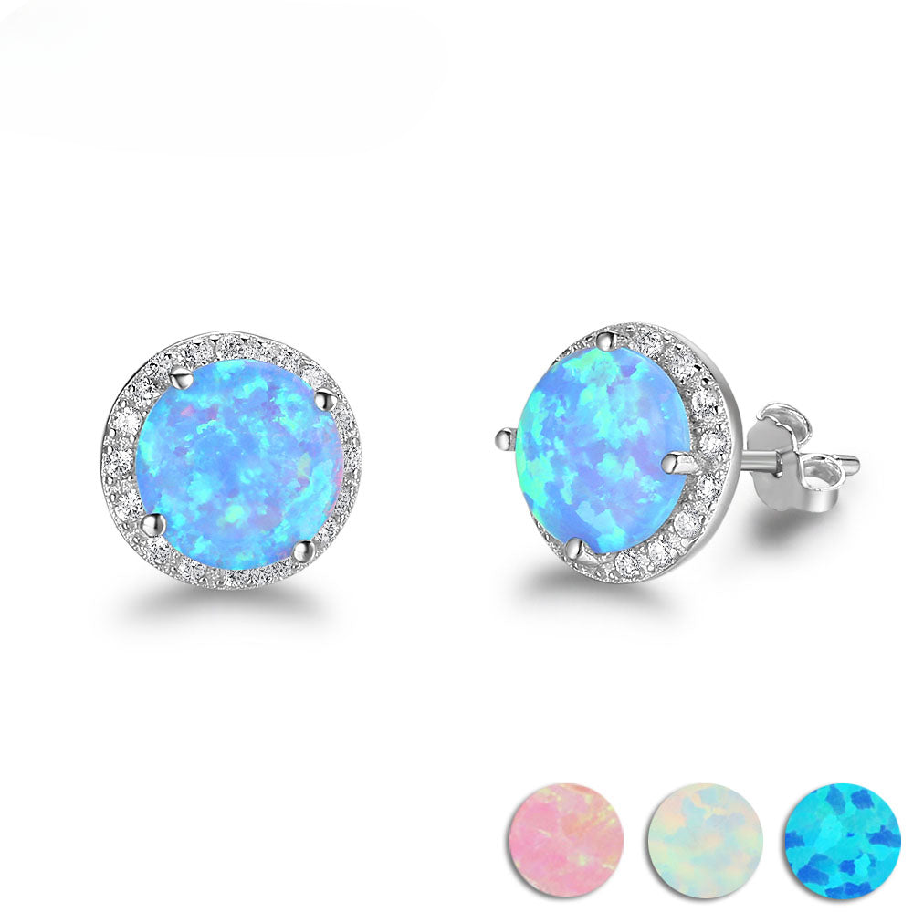 10mm Blue Opal Stone 925 Sterling Silver Stud Earrings