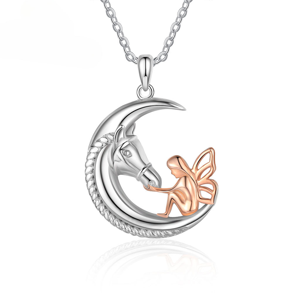 Silver Color White Horse Moon Pendant Necklace