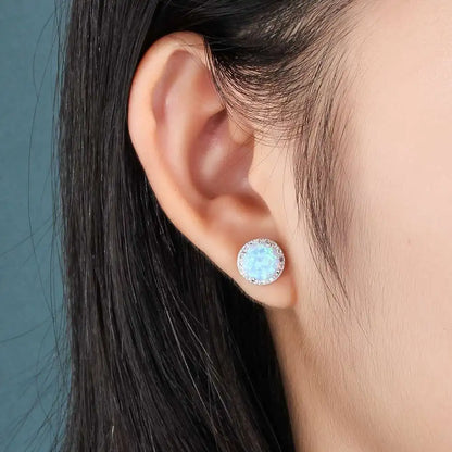 10mm Blue Opal Stone 925 Sterling Silver Stud Earrings