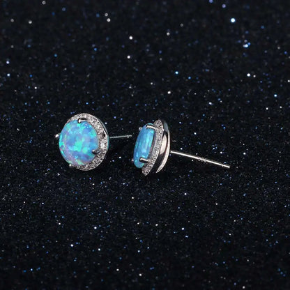 10mm Blue Opal Stone 925 Sterling Silver Stud Earrings