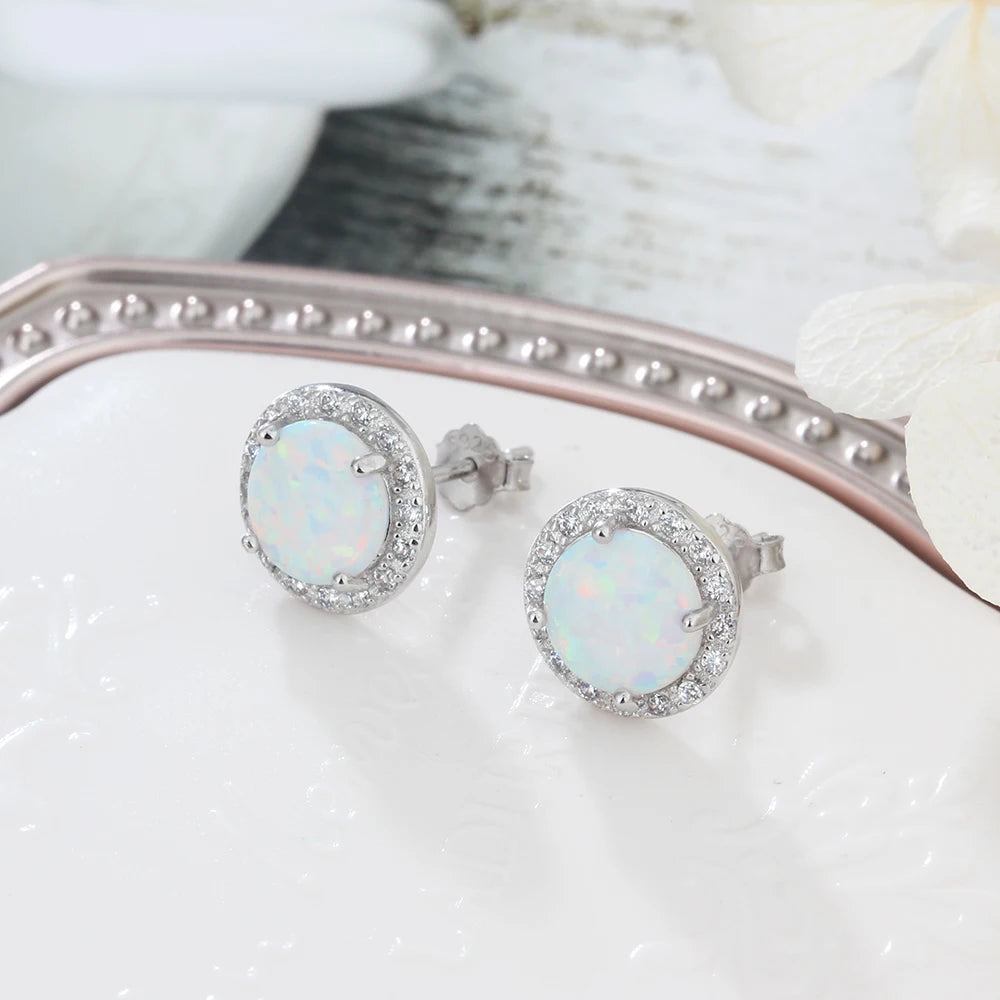 10mm Blue Opal Stone 925 Sterling Silver Stud Earrings