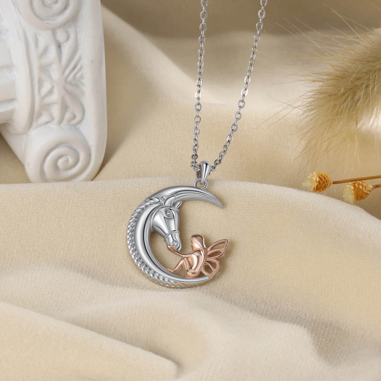 Silver Color White Horse Moon Pendant Necklace