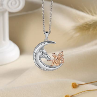 Silver Color White Horse Moon Pendant Necklace